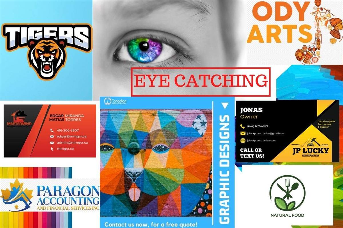 Logos and business cards designed by Canadian Web Designs for clients including Paragon Accounting, JP Lucky Construction and Mastermind