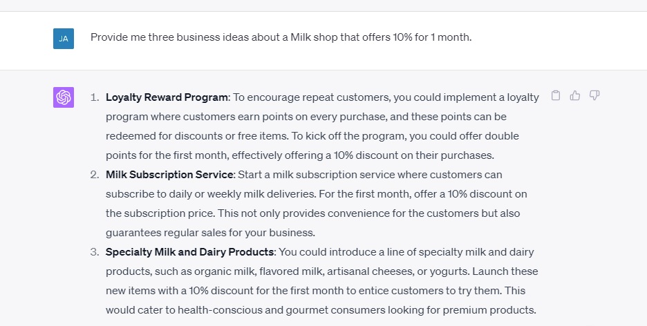 Prompt: Offer three business proposals for a [Business Type] that provides [Product Offer]