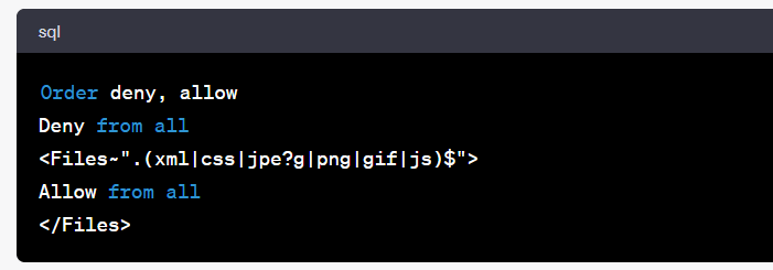 Order deny, allow

Deny from all

<Files~".(xml|css|jpe?g|png|gif|js)$">

Allow from all

</Files>